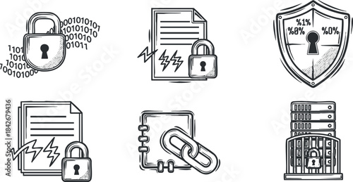 Set of modern vector icons illustrating security concepts including locks, documents, and shields for digital protection and data safety