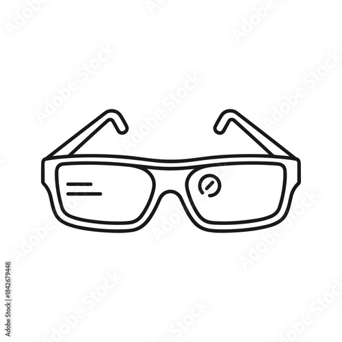 Simple line drawing of glasses with logo on lens
