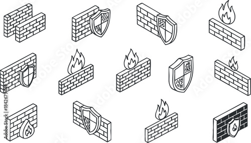 Outline vector icon set featuring brick walls, fire flames, and shields, ideal for safety and protection concepts.