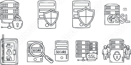Line art vector illustration of network security concepts featuring servers, shields, SSL icons, and secure data elements for digital protection.