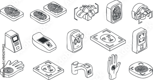 Outline vector icon set featuring biometric fingerprint scanners and related devices for security and identification applications