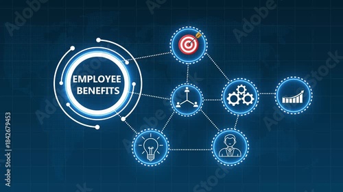 Employee Benefits Concept Network Diagram with Icons on World Map Background human resources compensation