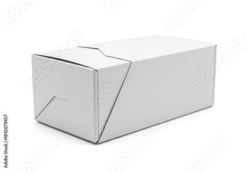 Plain white cardboard carton box with folded closure on isolated background
