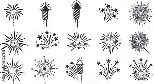 Collection of black and white vector illustrations of festive fireworks and celebratory symbols for event design.