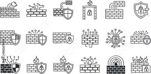 Set of minimalist vector icons representing cybersecurity concepts such as firewalls, shields, locks, and protective walls for technology and design projects