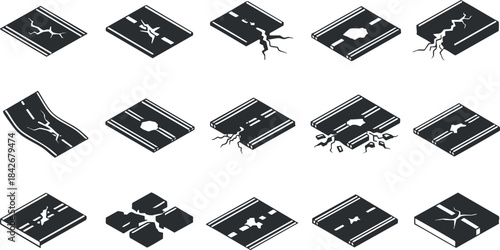 Stylized black and white vector icon set depicting various damaged book illustrations, ideal for design and repair concepts
