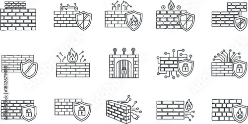 Collection of minimalist vector icons depicting cybersecurity concepts, including shields, firewalls, and protective barriers for digital safety.
