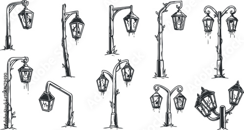 Hand-drawn collection of vintage street lamps featuring unique designs and decorative elements for urban and outdoor themes