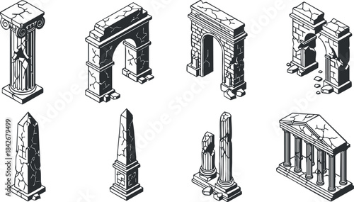 Vector illustration of ancient stone architecture elements including columns, arches, and monuments for design projects.