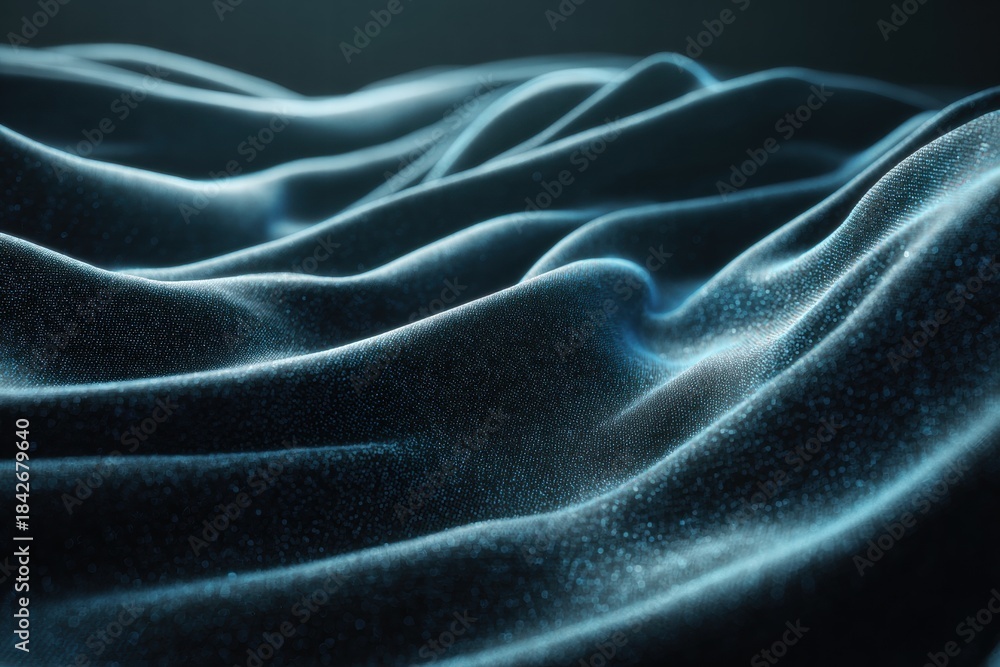 Obraz premium Abstract waves of textured fabric in dark blue, creating a dynamic and captivating visual effect. The light adds depth to the texture.