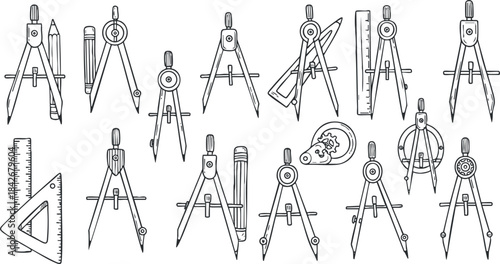 Hand-drawn vector illustration set of drafting tools including compasses, rulers, and pencils for design and engineering projects