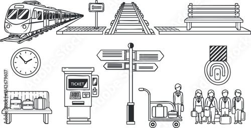 Outline vector illustration of a train station scene featuring trains, platforms, ticket machines, and commuters for urban transport design.