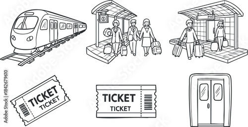 Line art vector illustration of train travel featuring train, passengers, tickets, and station elements for transportation design projects