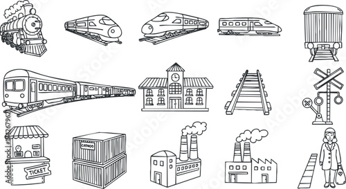 Outline vector illustration set of various trains, railway elements, and transport icons for travel and logistics themes