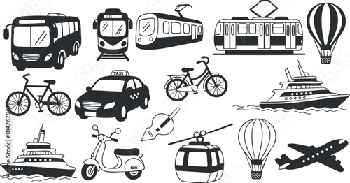 Collection of black and white vector illustrations featuring various modes of transportation including buses, bicycles, trains, and airplanes.