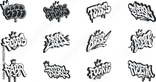 Stylish graffiti vector collection featuring various artistic tags and lettering designs for urban-themed projects