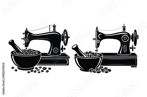 A black and white vector illustration depicting vintage sewing machines and coffee bean mortars