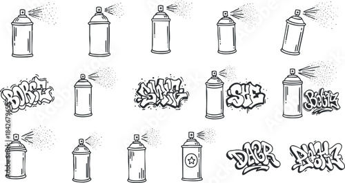 Stylized collection of spray paint cans and graffiti lettering in a modern black and white vector illustration style for urban art projects