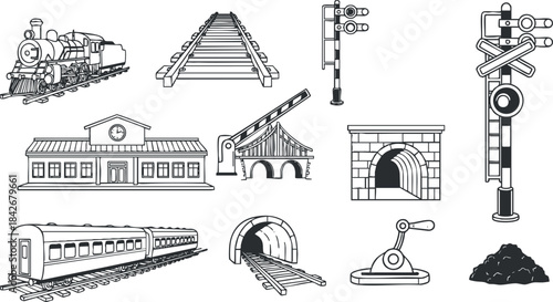 Vintage black and white vector illustration of railway elements including trains, tracks, signals, and a station for transport design projects