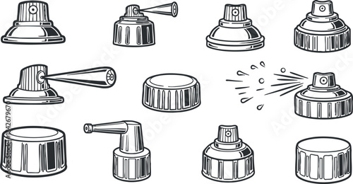 Set of minimalist line art vector illustrations of spray bottle nozzles and caps for product design and branding projects