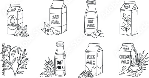 Hand-drawn vector illustration of various plant-based milk cartons including almond, soy, oat, rice, and coconut milk.