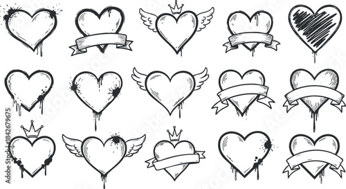 Creative set of heart illustrations featuring wings, crowns, and banners in a minimalist black and white style for romantic design projects