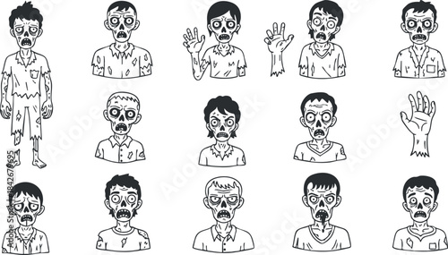 Vector illustration set of cartoon zombie characters in various poses and expressions, ideal for Halloween designs and horror themes
