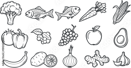 Hand-drawn vector illustration of assorted vegetables and fruits, including fish, ideal for healthy food concepts and recipes