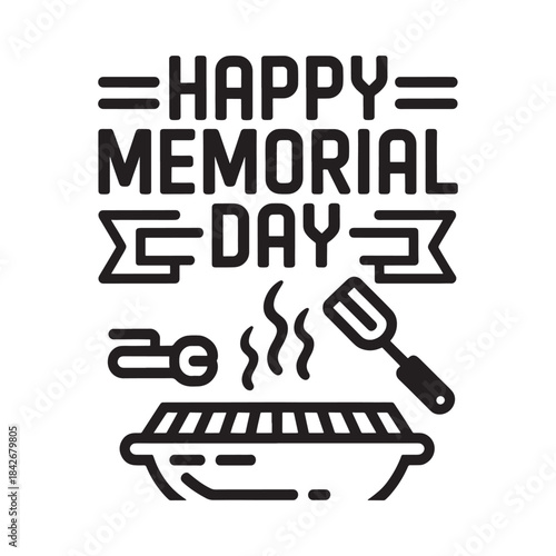 Happy memorial day greeting design with barbecue grill and kitchen utensil icon