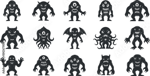 Set of playful black silhouette vector illustrations featuring various cartoon monsters for Halloween and design projects