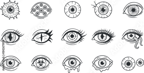 Collection of unique black and white vector illustrations of various eye designs for creative projects and artistic expressions