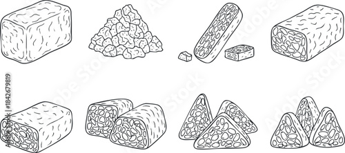 Outline vector illustration of various types of desserts and snacks including candy bars and granola shapes for packaging and branding