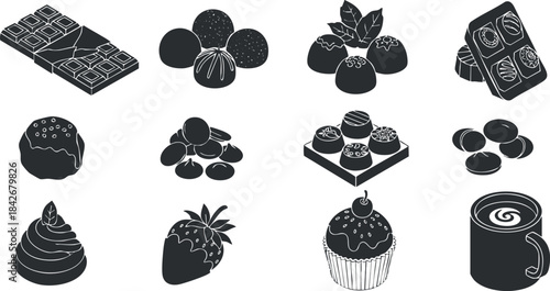 Minimalist black and white vector illustration of assorted desserts and sweets including chocolates, cupcakes, and truffles for food design projects