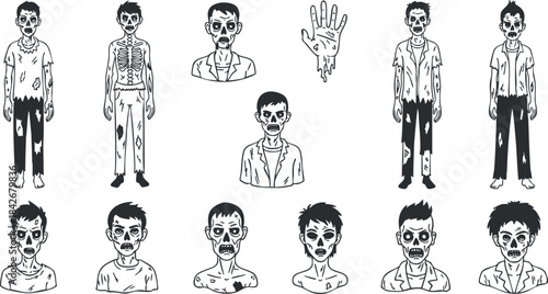 Vector illustration set of zombie characters featuring various designs, styles, and emotions for Halloween and horror-themed projects