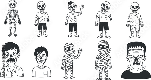 Cartoon-style vector illustration set featuring various zombie and horror character designs for Halloween-themed projects