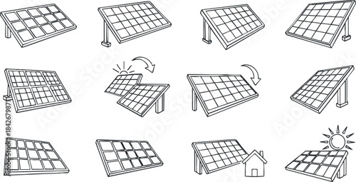 Outline vector icon set of solar panels in various positions and contexts for renewable energy projects and eco-friendly designs