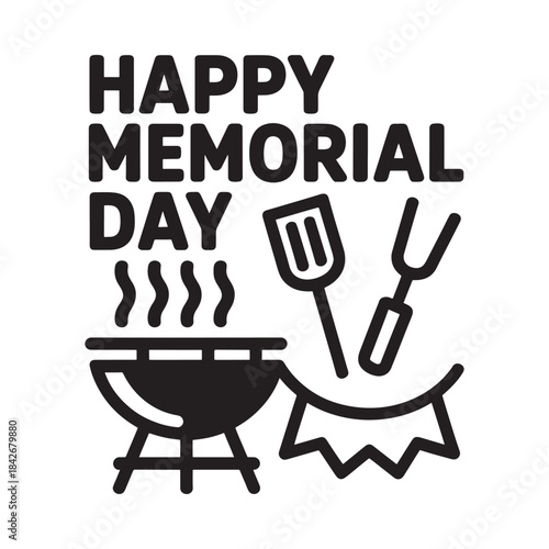 Happy memorial day celebration with barbecue grill and cooking utensils black icon