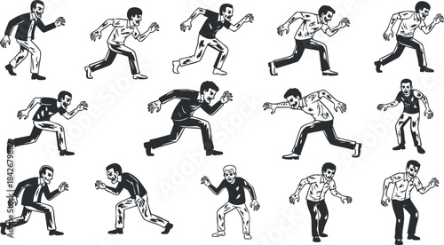 Collection of playful black and white vector illustrations depicting various male characters in dynamic poses for creative projects