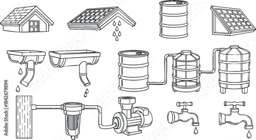 Outline vector illustration of rainwater harvesting system elements including gutters, tanks, and roofing for eco-friendly design projects