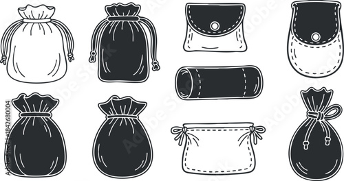 Collection of minimalist black and white vector illustrations of various bags and pouches for design and branding projects