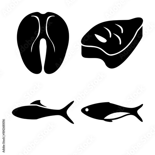 Fish and seafood icons: fillet, steak, and whole fish silhouettes