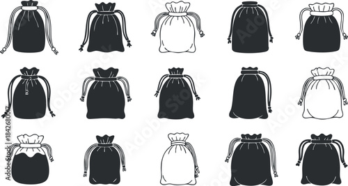 Collection of black and white vector illustrations of drawstring bags, ideal for packaging and design projects