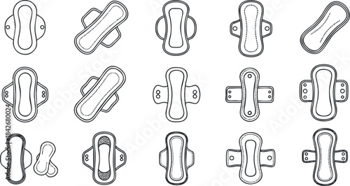 Outline vector icon set of sanitary napkins for feminine hygiene and health concepts, suitable for branding and design projects