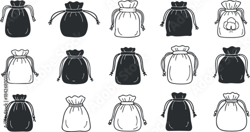 Collection of minimalist black and white vector illustrations of drawstring bags, perfect for packaging and design projects