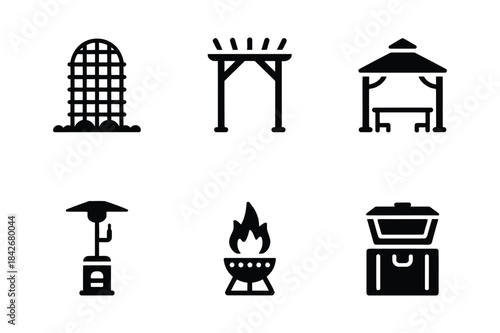 Simple set of black and white icons for garden structures, outdoor heating, and recreation equipment