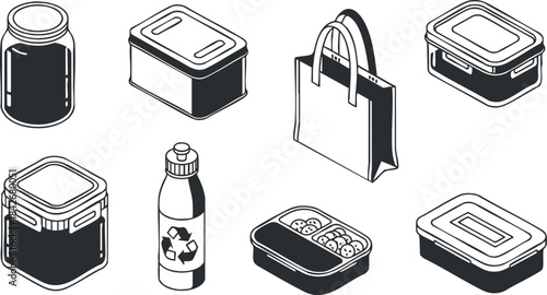 Outline vector illustration of various containers and bags for food storage and packaging in a minimalist style