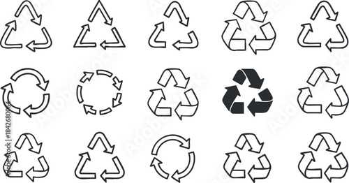 Collection of minimalist vector icons depicting various recycling symbols in black and white for environmental design and branding projects