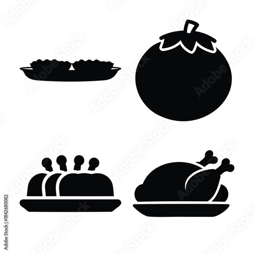 Culinary icons set: tomato, chicken, side dish, and desserts.