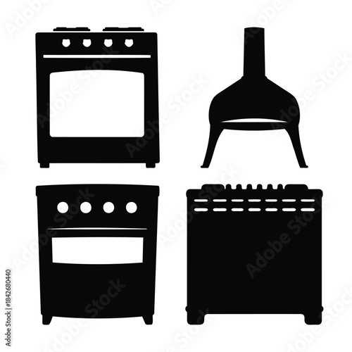 Classic kitchen cooking appliances vector set silhouette icon