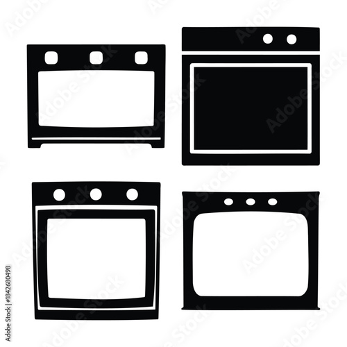Stylized kitchen ovens, cooktops, and range appliances set.